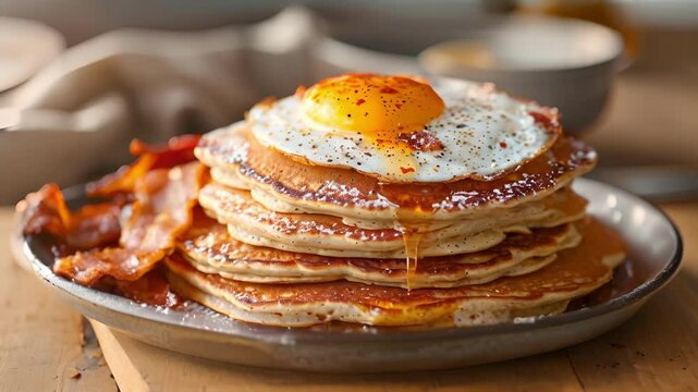 A stack of buckwheat flour pancakes served with a side of crispy bacon and eggs sunny side up.