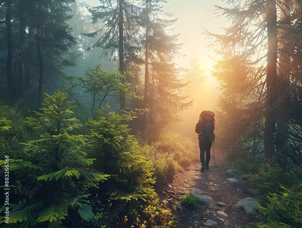 Wall mural serene forest trail with hiker amidst misty trees and lush foliage