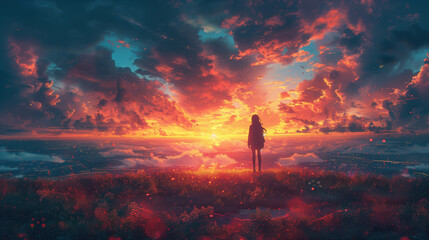 Obraz premium Woman Standing in Front of a Dramatic Sunset Sky