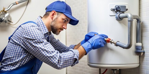 Obraz premium Plumber Working on a Water Heater, man, water heater, plumbing, repair, water heating system