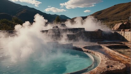 Fototapeta premium An image of hot springs with mineral baths and steam clouds hovering above them