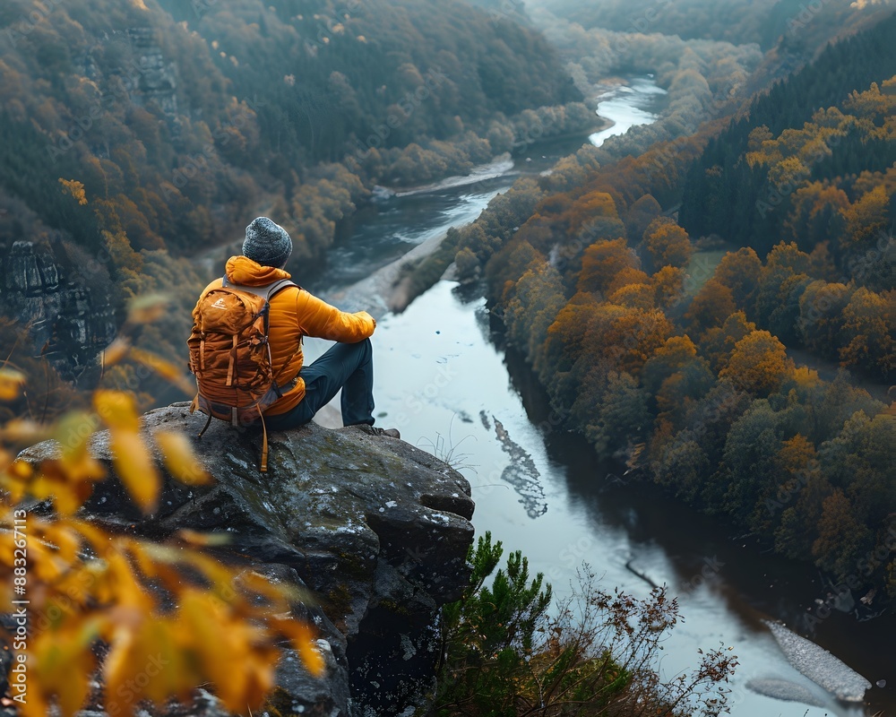 Canvas Prints Scenic Overlook with Hiker Resting on Rock Soaking in Winding River View below