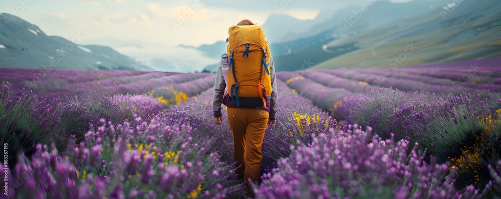 Sticker Hiker Trekking Through Lavender Filled Scenic Landscape with Mountains in the Background