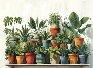 Botanical Shelf Watercolor Plant Collection Verdant Variety: A Hand-Painted Collection of Indoor Plants, Foliage, and Succulents in Terracotta Pots for Home Decor and Garden Design