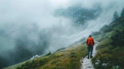 Obraz premium Hiker on a Misty Mountain Trail with Ethereal Atmosphere and Fog Rolling In
