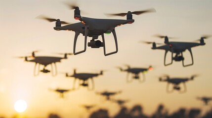A swarm of drones flying in formation against a sunset sky, capturing the modern technology of unmanned aerial vehicles in a beautiful and serene setting