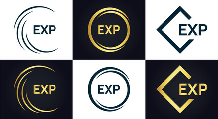 EXP logo. E X P design. White EXP letter. EXP, E X P letter logo design. E X P letter logo design in GOLD, GOLDEN LOGO, THREE, style. letter logo set in one artboard. E X P letter logo vector design.