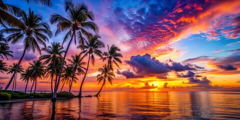Silhouetted Palm Trees Against a Vibrant Sunset Over a Calm Ocean,  Palm Trees,  Tropical Sunset,  Ocean Landscape,  Sunset Beach