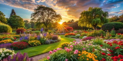 Sunlit Garden Path with Blooming Flowers, Landscape Photography, Nature , Garden, Flowers