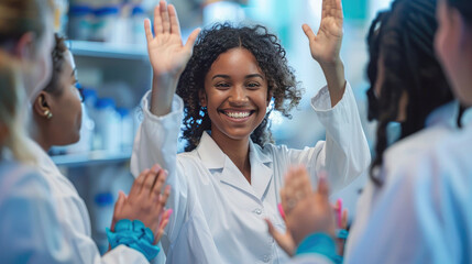 Diverse team of researchers celebrating a breakthrough in a lab, with high-fives, smiles, and a congratulatory atmosphere, highlighting the joy of collaborative success