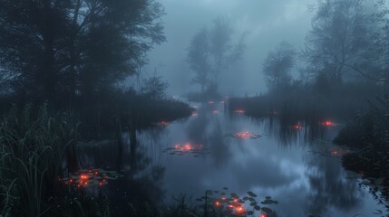 Mystical Foggy Lake with Red Lights.