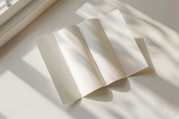 Blank brochure template for mock-up. Four pages sheet of paper on an isolated beige background with natural shadow. AI generated
