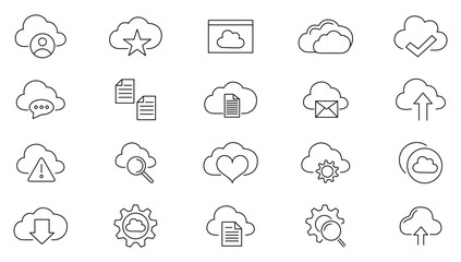 Fototapeta premium Cloud Computing line icons set. Cloud, cloud services, server, cyber security, digital transformation, computing, server, database, technology, networking, data and internet outline icons collection.