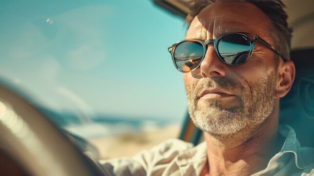 Portrait of a driver, sunglasses on, with the beach visible through the windshield, capturing the thrill of heading to the seaside on a sunny day