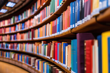 Close up of curved bookshelves with colourful books, in a library. The bookshelves are filled with books in the style of various artists