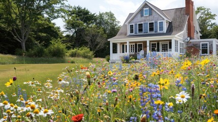 Obraz premium Suburban Cape Cod home's front yard turned into a native wildflower meadow, attracting local wildlife and providing a burst of color