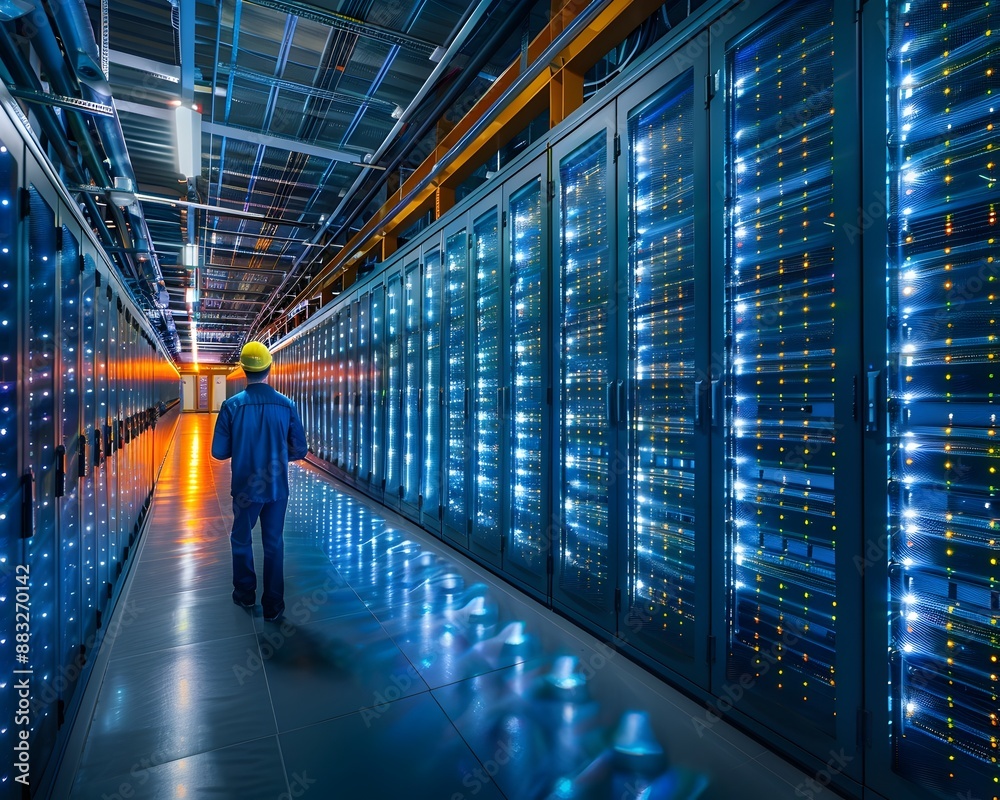 Poster high tech data center with rows of servers cooling systems and technicians monitoring the infrastruc