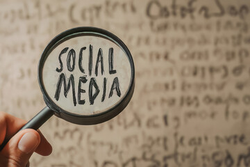 Hand with magnifying glass over Social media words.