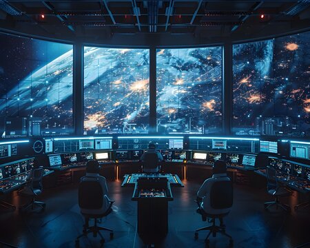 Futuristic Aerospace Command Center Monitoring Space Missions and Satellite