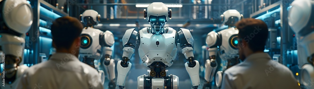 Poster cutting edge robotic research center with engineers designing and testing advanced automation system