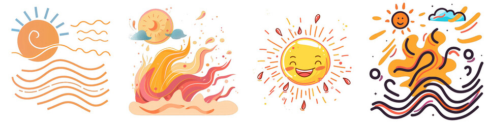Obraz premium Set of colorful cartoon sun illustrations on a transparent background, featuring vibrant and playful sun characters with various expressions and elements.