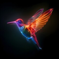 Obraz premium Neon Hummingbird Glowing in Rainbow Colors Against Black Background