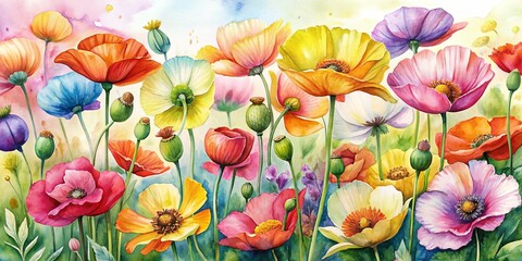 Watercolor Poppy Garden, Watercolor Painting, Floral Art, Poppy Flower, Floral Design,
