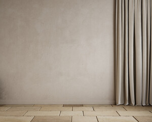 Loft beige interior with blank wall and tile floor. 3d render illustration mockup.