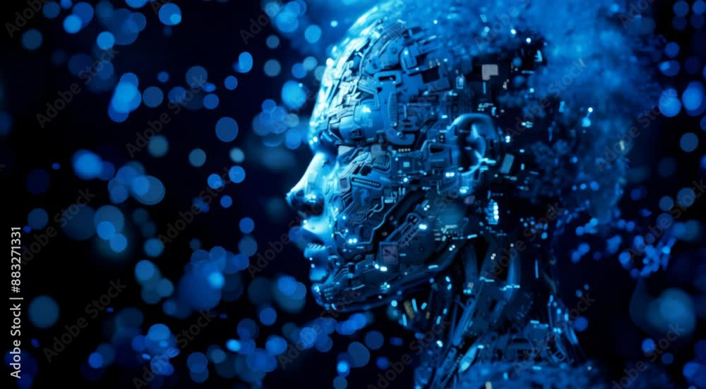 Poster Intricate profile of a humanoid robot head made of detailed electronic circuits and blue lights.