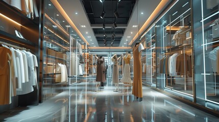 Futuristic Clothing Store Interior With Glass Walls and Reflective Floor