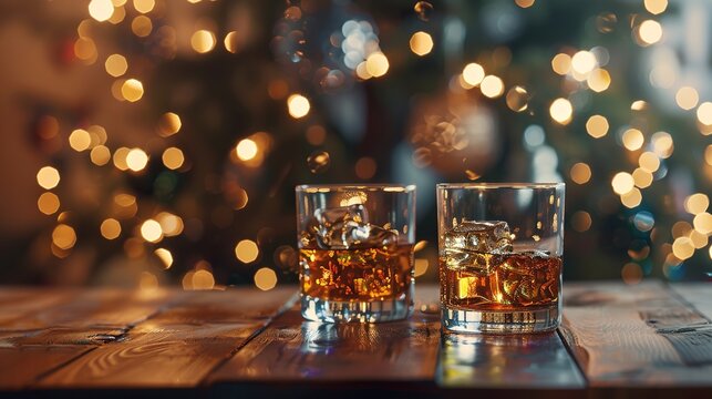 Winter banner mockup with two glasses of whiskey on the table with blurred christmas lights garlands in the background