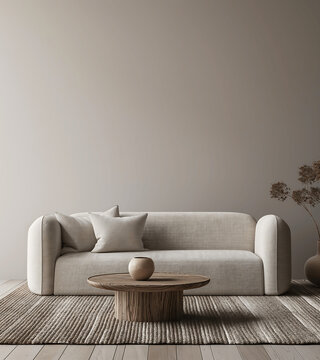 Minimalist living room with a soft beige sofa and a round wooden coffee table, creating a calm and inviting space in neutral tones