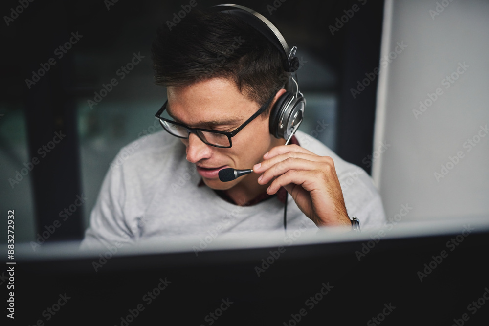 Poster Call center, man and computer with microphone for customer service with communication and FAQ support. Telemarketing, agent and telecom advisory with headphones, contact us and assistance in office