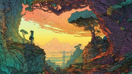 Girl gazes upon a beautiful landscape from a cliff edge surrounded by fantastical trees