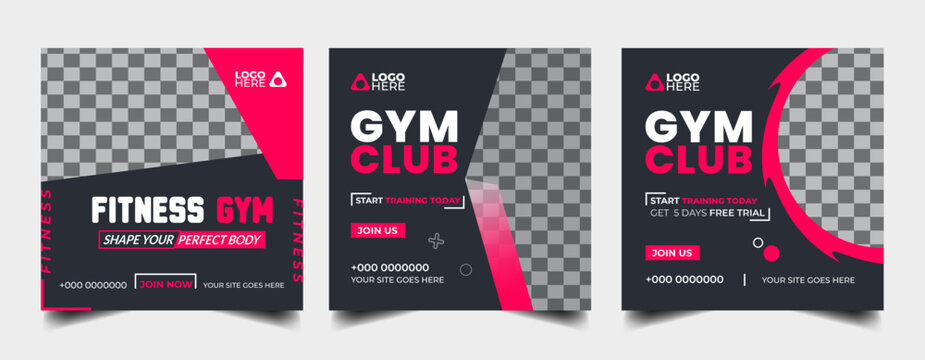 Gym fitness social media post banner template set, Sports social media square banner, gym Workout, fitness exercise social media  promotional design.