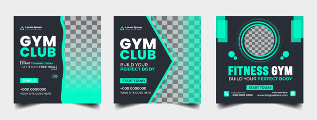 Gym fitness social media post banner template set, Sports social media square banner, gym Workout, fitness exercise social media  promotional design.