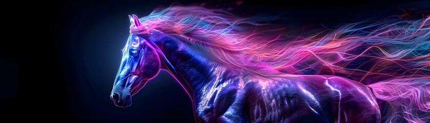 Fototapeta premium Neon Horse in Ethereal Gallop Against Dramatic Black Backdrop