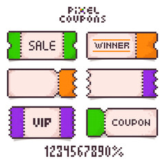 Set Discount pixel Coupons or Tickets in retro 8-bit game style.Cinema, theater, concert, game, party. Colorful Bonus or discount voucher empty template. Vector illustration EPS10.