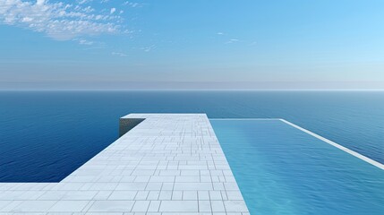A stunning infinity pool seamlessly blending with the horizon of a vast, calm ocean. The pool is surrounded by a pristine, white tiled deck - AI Generated Digital Art