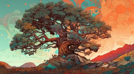 Colorful and detailed illustration of a large tree with a gnarled trunk and vibrant green leaves set against a backdrop of swirling clouds and a mountain range