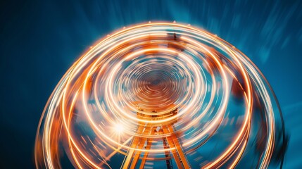 A vibrant Ferris wheel spinning at night against a clear, starry sky, with long exposure light trails creating a mesmerizing circular pattern.
