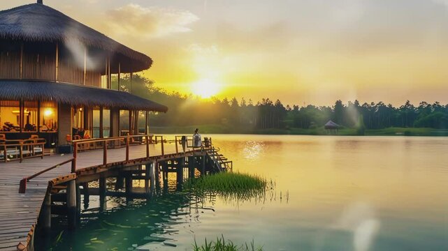 lakeside fish restaurant, 4K seamless looping virtual video animation background