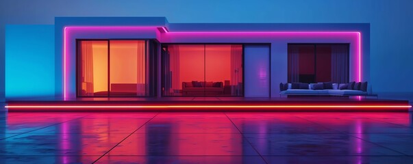Holographic energyefficient smart home, advanced green technology, futuristic design, neon highlights