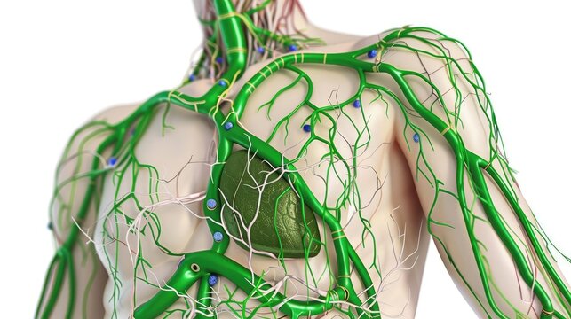 Comprehensive 3D illustration of human lymphatic system, isolated on white background