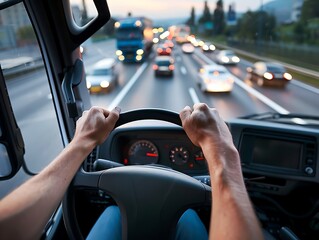 Close-up of hands on a steering wheel with blurred traffic in the background.