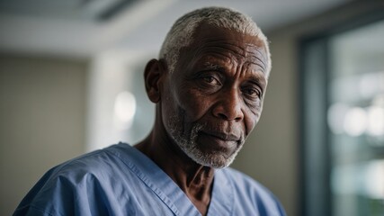 Close-up portrait of an elderly man wearing a hospital gown, reflecting a calm and resilient demeanor in a medical setting.

