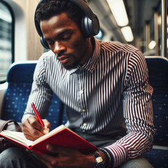 Man with glasses, wearing headphones, writing in a red book on a train.