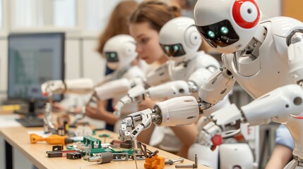 Robotics workshop with engineers building advanced robots, side angle, natural daylight, organized chaos with parts and tools, documentary style