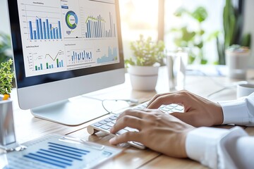 A digital marketing dashboard displaying analytics and performance metrics, with hands typing on a keyboard, copy space for text, focus cover all object, deep depth of field,