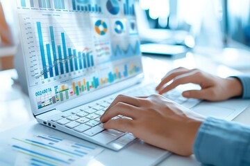 A digital marketing dashboard displaying analytics and performance metrics, with hands typing on a keyboard, copy space for text, focus cover all object, deep depth of field,